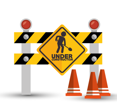 Road barrier with an under construction sign and traffic cones
